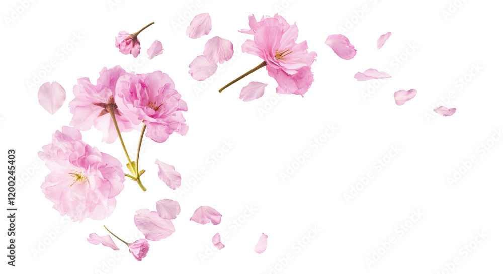 Beautiful blooming of delicate pink Sakura flowers falling in the air, isolated on white background. Zero gravity or levitation spring flowers conception, high resolution image Beautiful blooming of delicate pink Sakura flowers falling in the air, isolated on white background. Zero gravity or levitation spring flowers conception, high resolution image