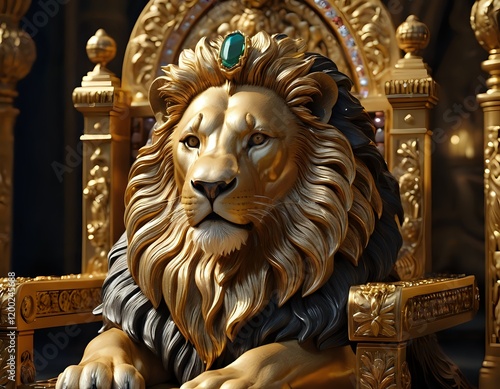 Golden Lion Throne: Regal Majesty in Gilded Grandeur photo