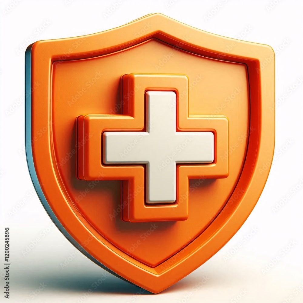 Orange shield with a first aid cross, 3D render icon, isolated on white background Orange shield with a first aid cross, 3D render icon, isolated on white background