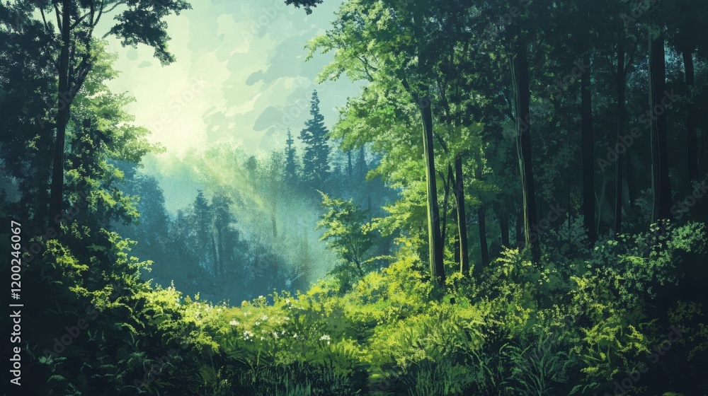 Sunbeams pierce a lush green forest. Sunbeams pierce a lush green forest.