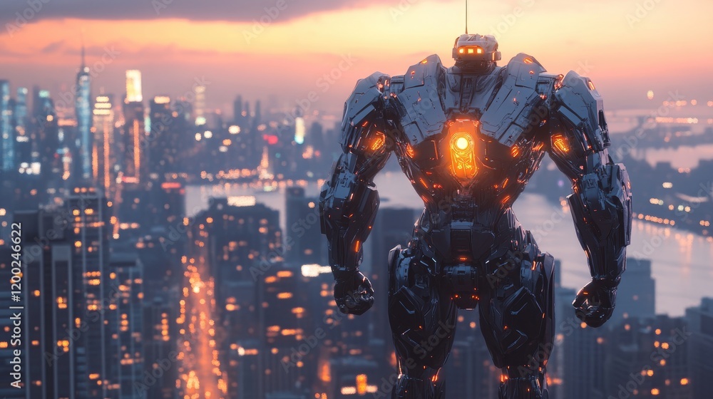 Naklejka premium Gigantic Robot Guardian Over a Cityscape at Sunset