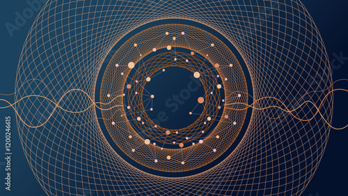 Abstract fractal circles background for quantum global data management, blue, orange tones sphere lines wireframe, science, technology, ai, energy vibration in space wallpaper, connected dots