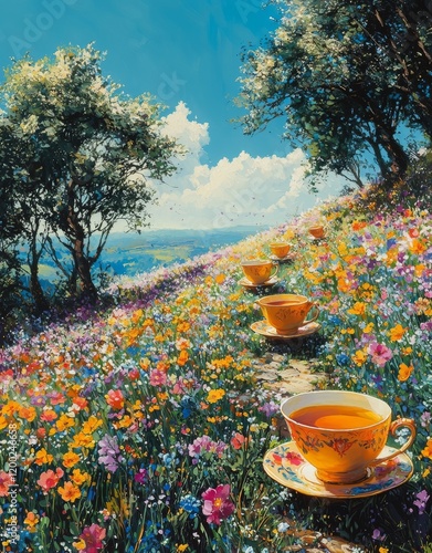 A whimsical scene with floating, colorful teacups in the sky over a lush, rolling countryside, inspiring fantasies and dreams, ideal for creative individuals photo