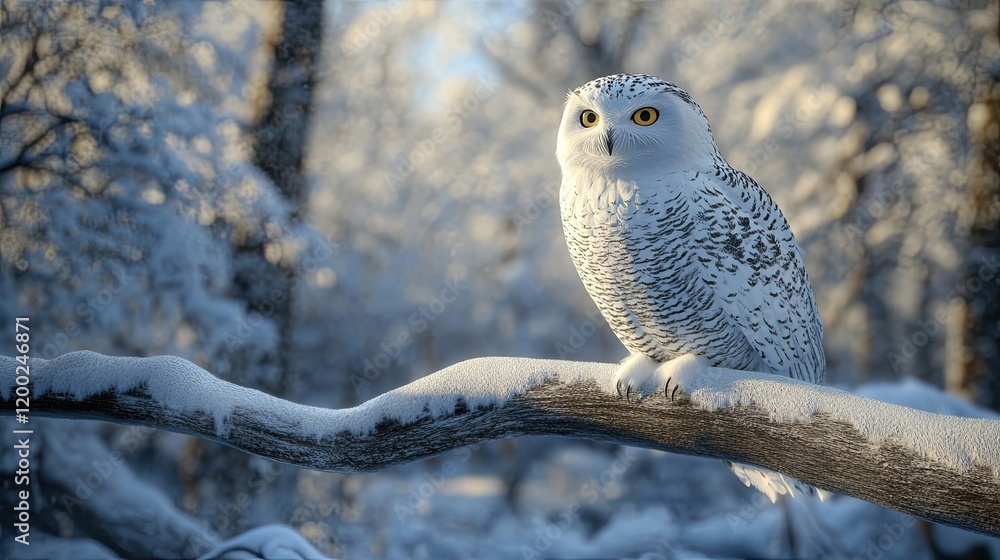 Fototapeta premium A realistic representation of a snowy owl perched silently on a snowy branch, highlighting its distinctive features.