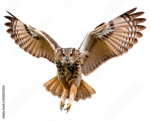 Brown owl flying flapping its wings, isolated on white background