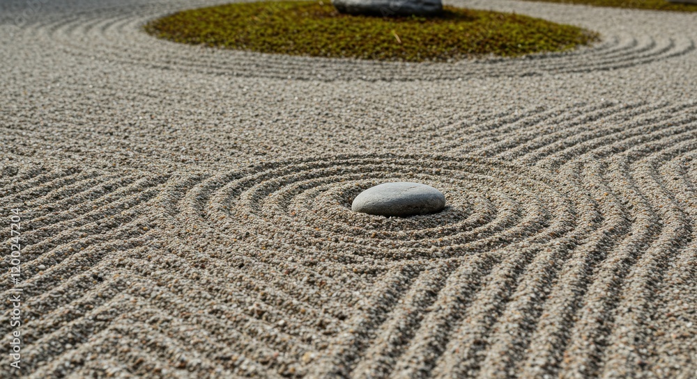 Zen Garden with Raked Sand, Stones, and Moss Zen Garden with Raked Sand, Stones, and Moss