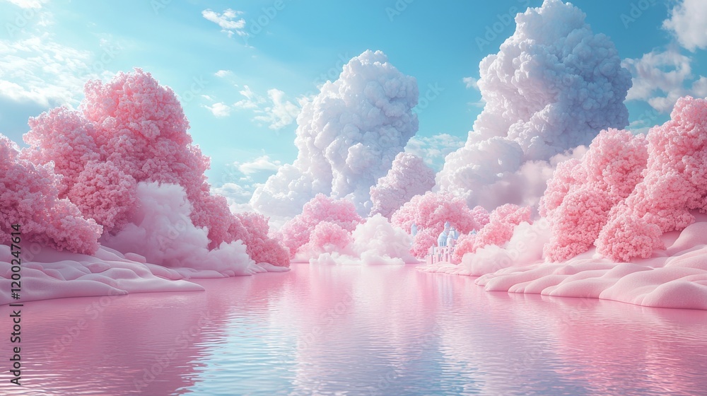 Fototapeta premium In a fantastical candyland, where pink paths meet fluffy clouds and candies come in every color, a dreamlike scene of sugary delights unfolds