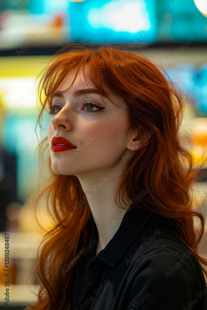 A woman with long red hair and a black shirt A woman with long red hair and a black shirt