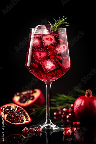 A glass of pomegranate juice with ice cubes and a sprig of rosemary photo