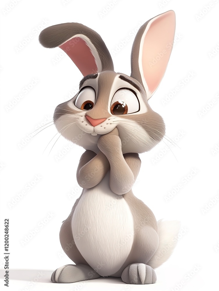 Fototapeta premium cartoon hare with a shy look in 3D style on a white isolated background