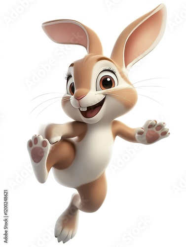 cheerful cartoon hare jumping in 3D style on a white isolated background