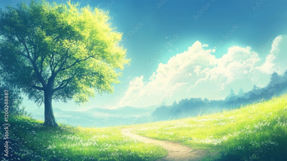 Serene spring meadow with a path. Serene spring meadow with a path.