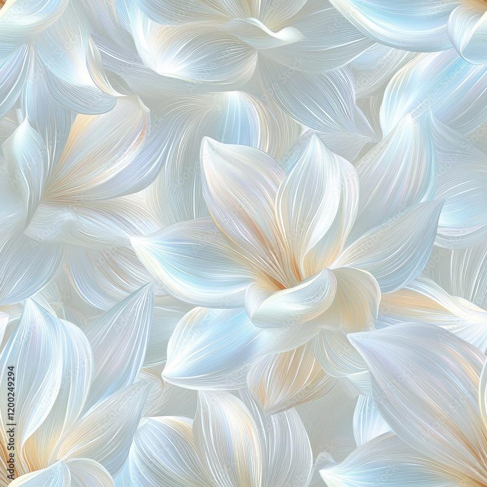 A repeating floral design with petals that shimmer like polished seashells . Seamless abstract 3d pattern background A repeating floral design with petals that shimmer like polished seashells . Seamless abstract 3d pattern background