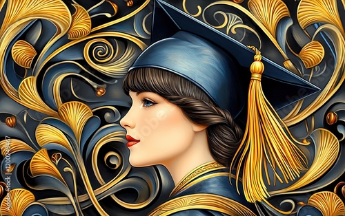 Congratulations on Graduating, Diploma artwork, a polished and elegant depiction of a graduate framed by intricate gold and black patterns with a sense of glamour photo