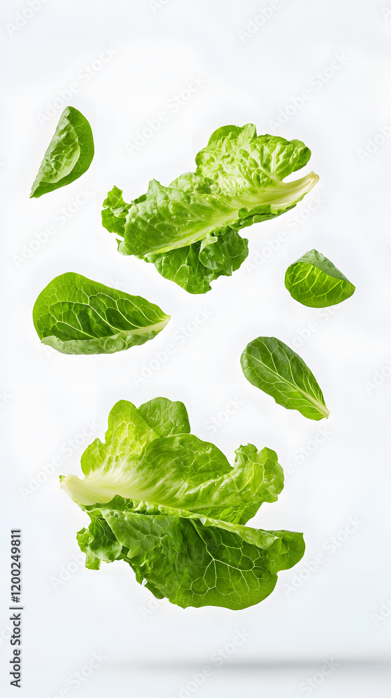 Obraz premium Tossed fresh lettuce leaves falling on white background