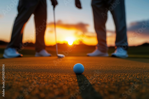 Golf Ball on Green at Sunset with Players - Stunning Sports Photography photo