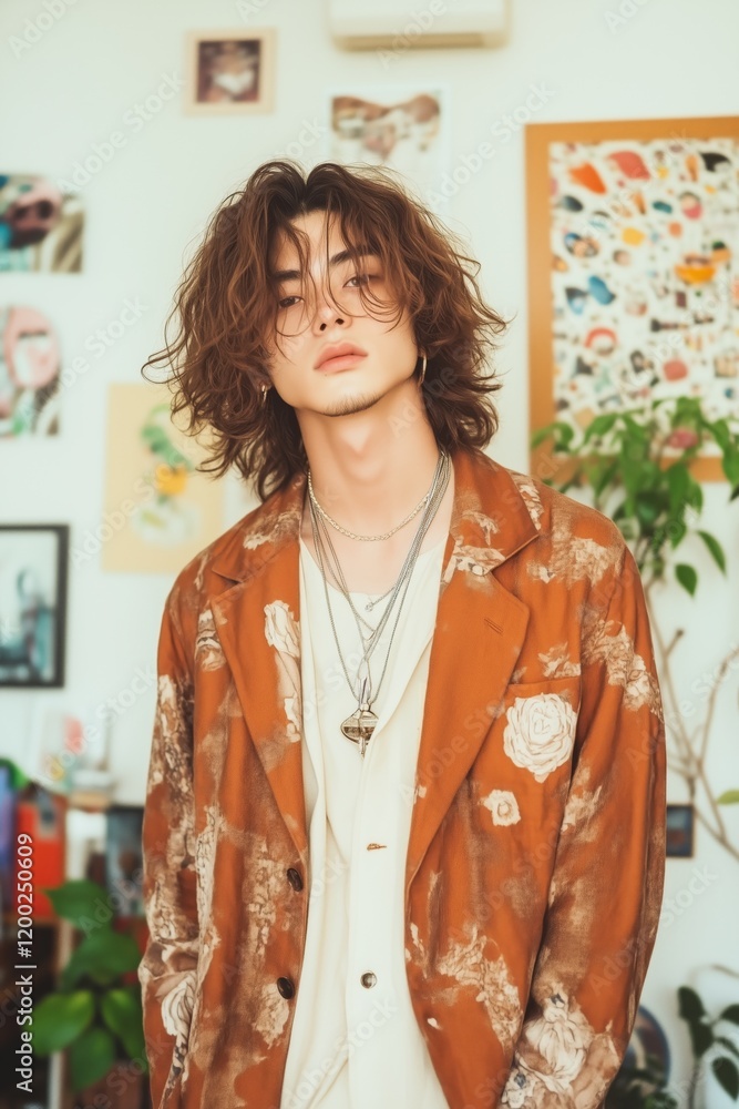 Trendy young man in artistic room with floral jacket and long hair Trendy young man in artistic room with floral jacket and long hair