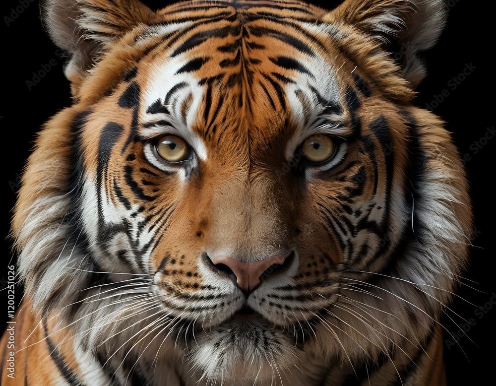 Fototapeta premium Majestic Tiger Portrait: Intense Gaze, Striking Stripes, Dark Background