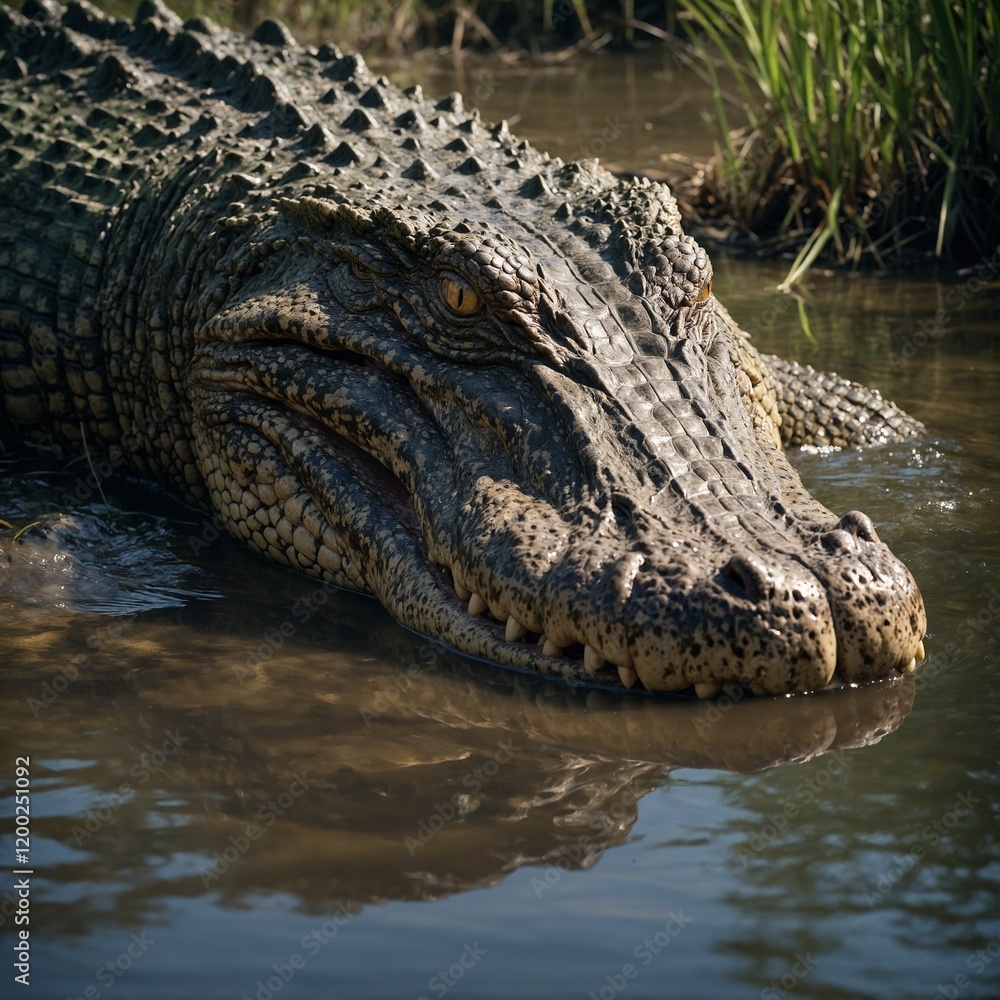 Obraz premium Close-up of a Crocodile in Natural Habitat. Imagine a vast meadow full of colorful wildflowers — poppies, daisies, and lavender — swaying in the gentle wind. Butterflies of every color flutter from 