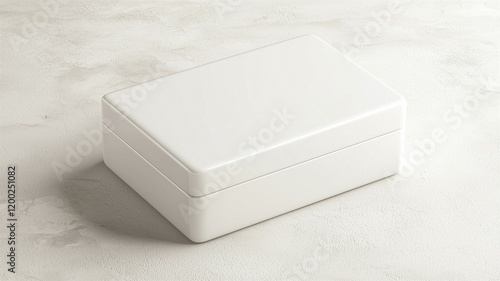 A photorealistic image of a white ceramic box with a glossy finish on a clean surface
