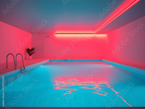neon liminal space swimming pool interior