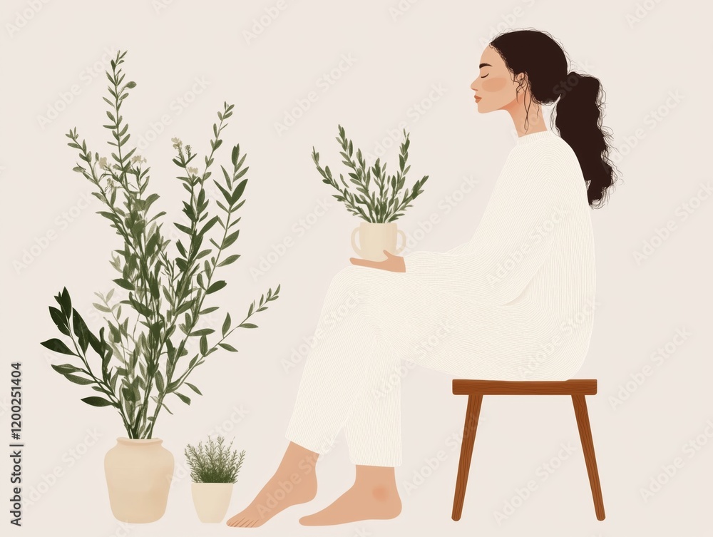 Serene woman in white relaxing with plants: tranquility and nature connection Serene woman in white relaxing with plants: tranquility and nature connection