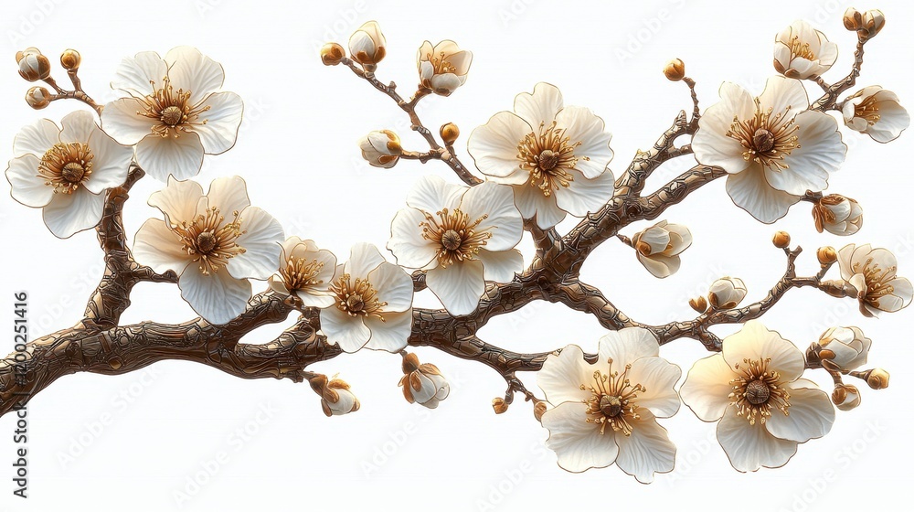Elegant white blossoms on a gold-accented branch, isolated on white. Elegant white blossoms on a gold-accented branch, isolated on white.