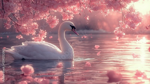 Fototapeta Naklejka Na Ścianę i Meble -  Elegant white swan gracefully glides on serene pink blossom-filled water at sunrise.