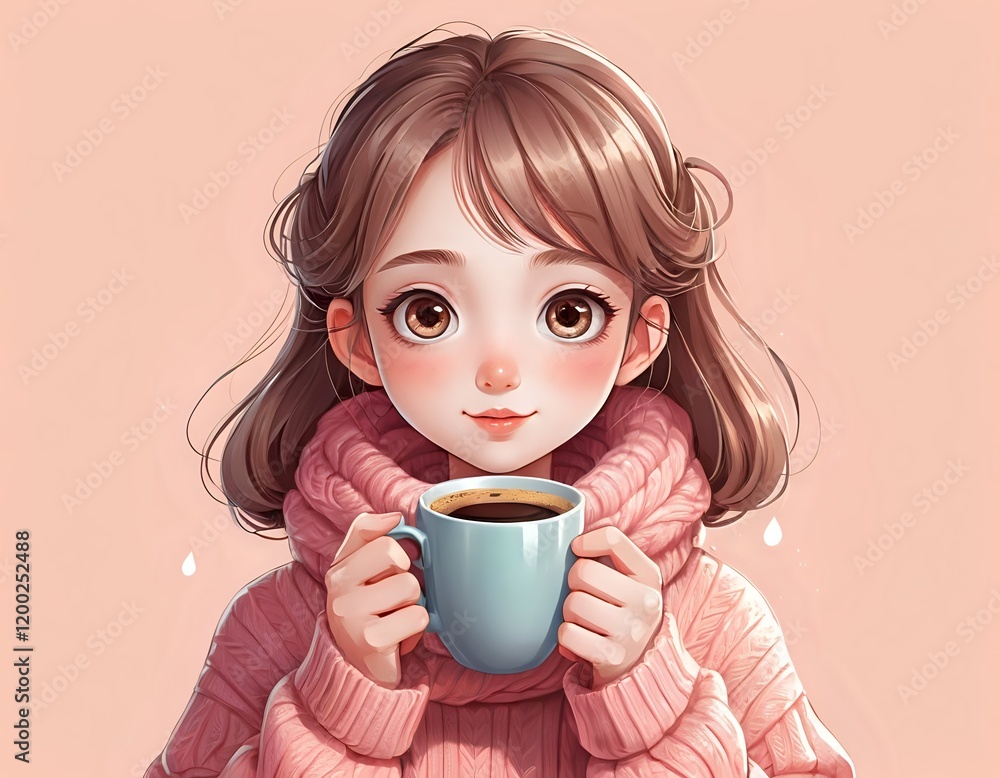 Adorable Girl with Coffee: Soft, Dreamy Digital Art Adorable Girl with Coffee: Soft, Dreamy Digital Art