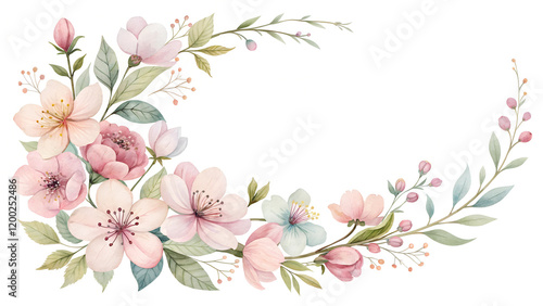 Delicate floral arrangement with pink blossoms in watercolor style, botanical design, copy space photo