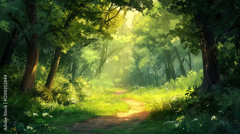 Fototapeta premium Sunlit Path Through Lush Forest