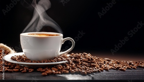 fragrant hot coffee in a white cup with beans spilling roasted c