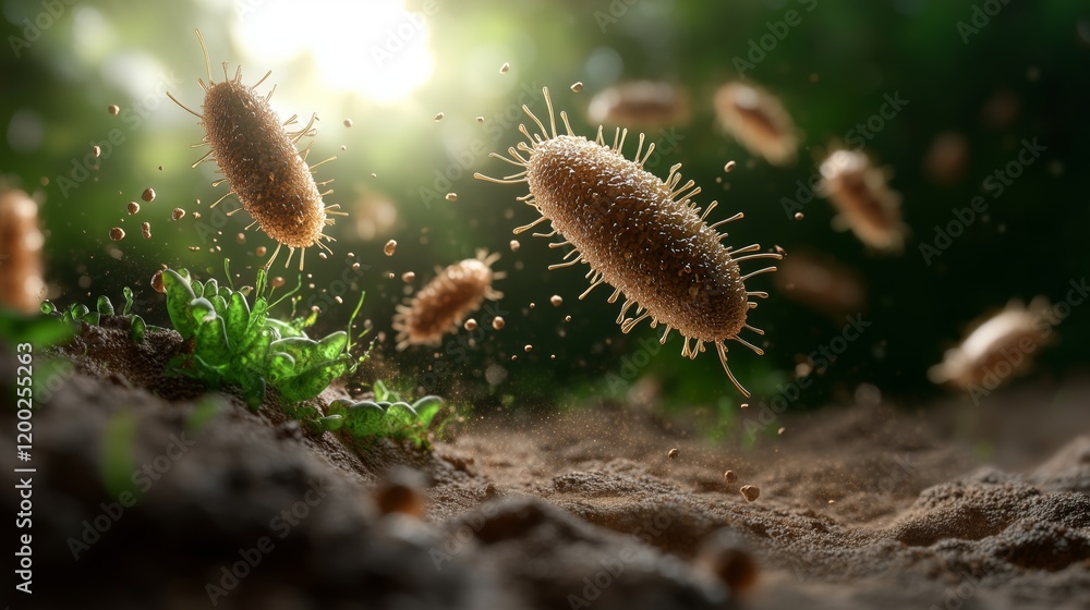 Fototapeta premium Microscopic view of bacteria in lush nature setting with sunlight