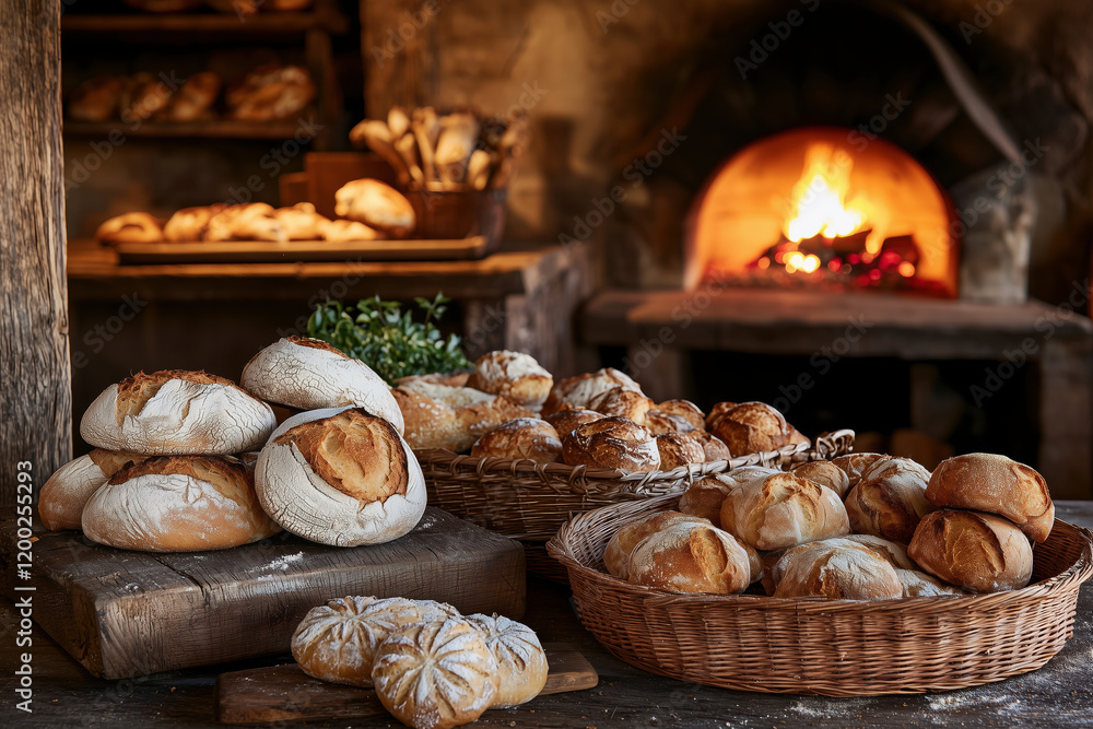 Rustic Charm of Freshly Baked Bread: Warm, Golden Brown Loaves and Rolls in a Traditional Bakery with a Wood-Fired Oven Rustic Charm of Freshly Baked Bread: Warm, Golden Brown Loaves and Rolls in a Traditional Bakery with a Wood-Fired Oven
