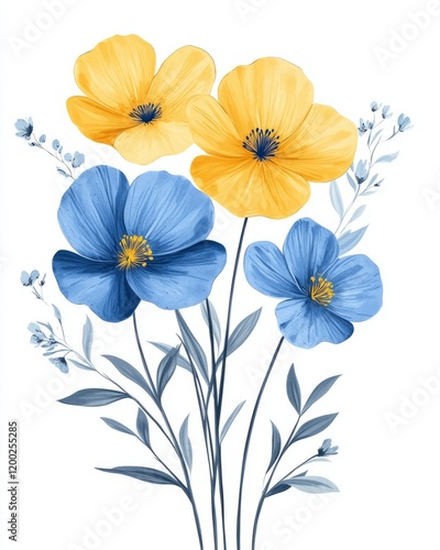 Wallpaper Mural Minimalist and modern floral composition in blue and yellow Torontodigital.ca