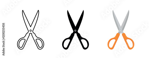 Open scissors icon set. orange scissors symbol. Black filled cutting tool symbol. Contour illustration of scissors. On white isolated background