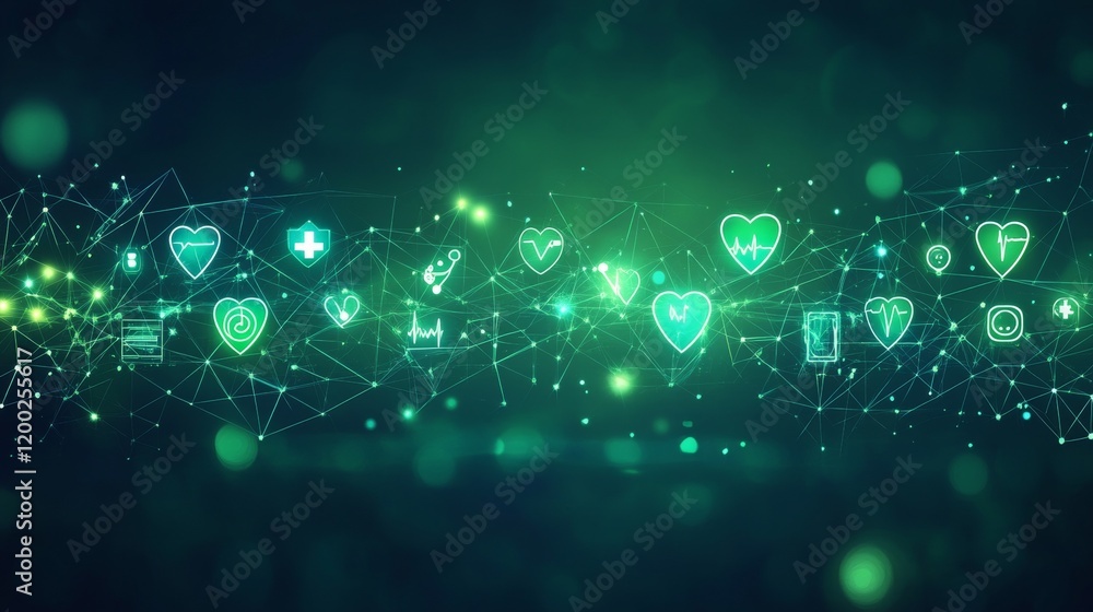 Connected Healthcare Abstract Medical Background in Soothing Green with Glowing Symbols Connected Healthcare Abstract Medical Background in Soothing Green with Glowing Symbols