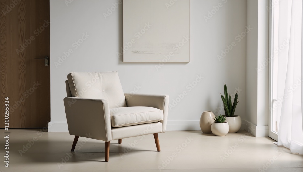 Minimalist living room featuring sleek Japandi-style armchair Minimalist living room featuring sleek Japandi-style armchair