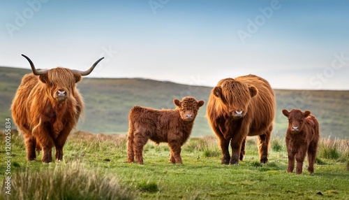 highland cattle herd with calves