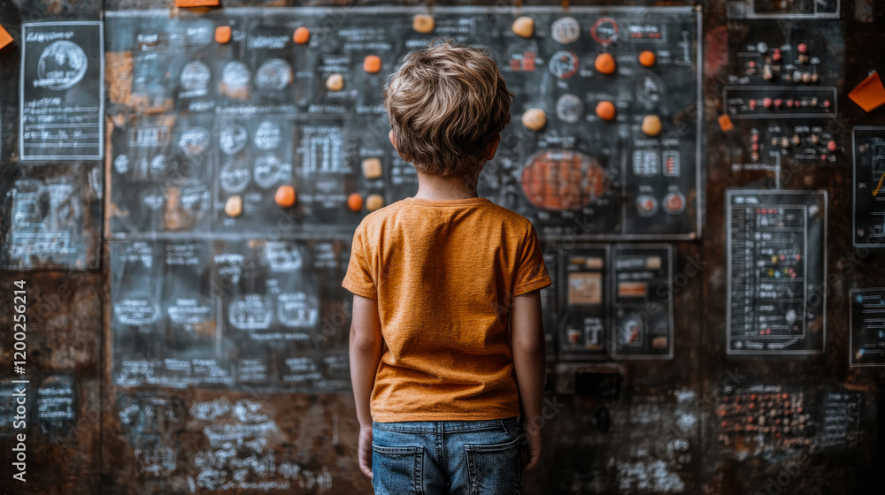 Obraz premium Young Boy Studying Complex Diagrams on a Wall