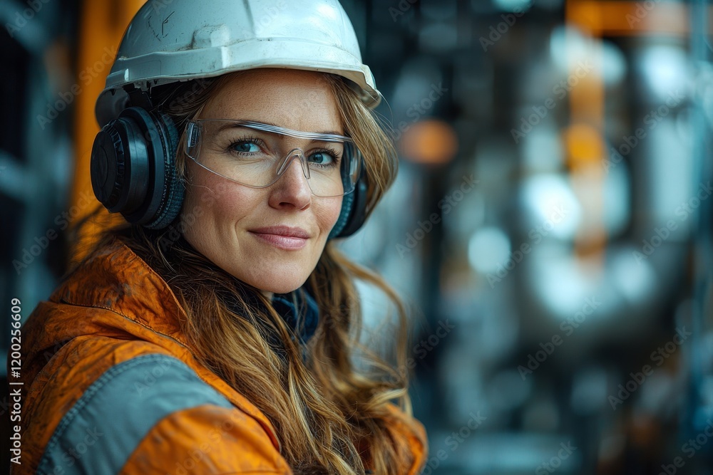 Portait of a smiling woman worker in a helmet, safety glasses, and hearing protection headphones in an interior scaffolding construction site background Portait of a smiling woman worker in a helmet, safety glasses, and hearing protection headphones in an interior scaffolding construction site background