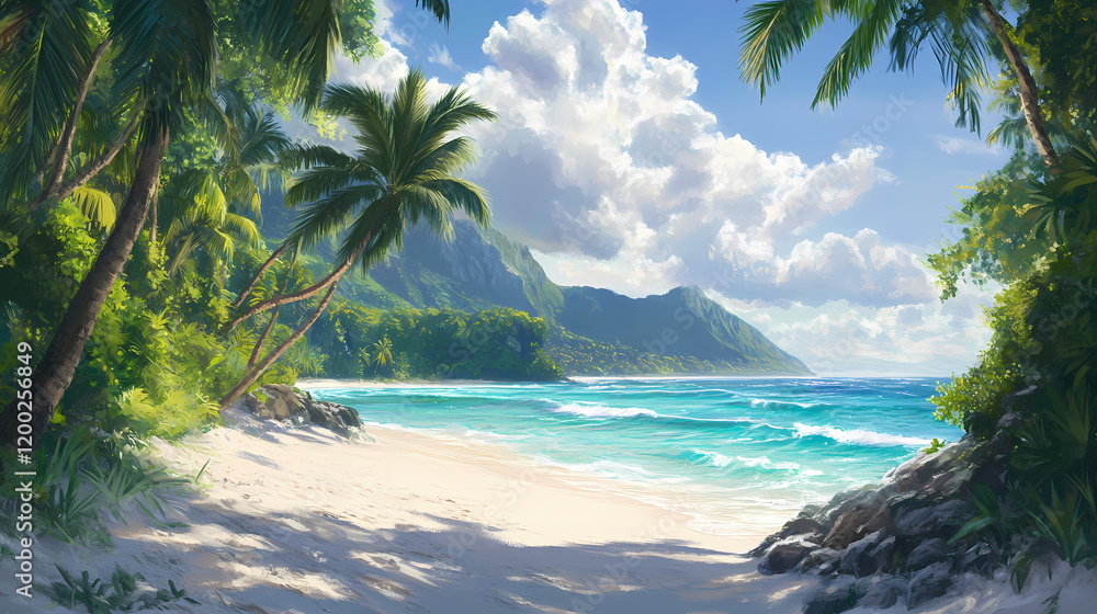 A lush tropical beach with white sand, turquoise water, and palm trees swaying in the breeze. the setting is ideal for vacation or paradise themes. Lush Tropical Paradise. Illustration A lush tropical beach with white sand, turquoise water, and palm trees swaying in the breeze. the setting is ideal for vacation or paradise themes. Lush Tropical Paradise. Illustration
