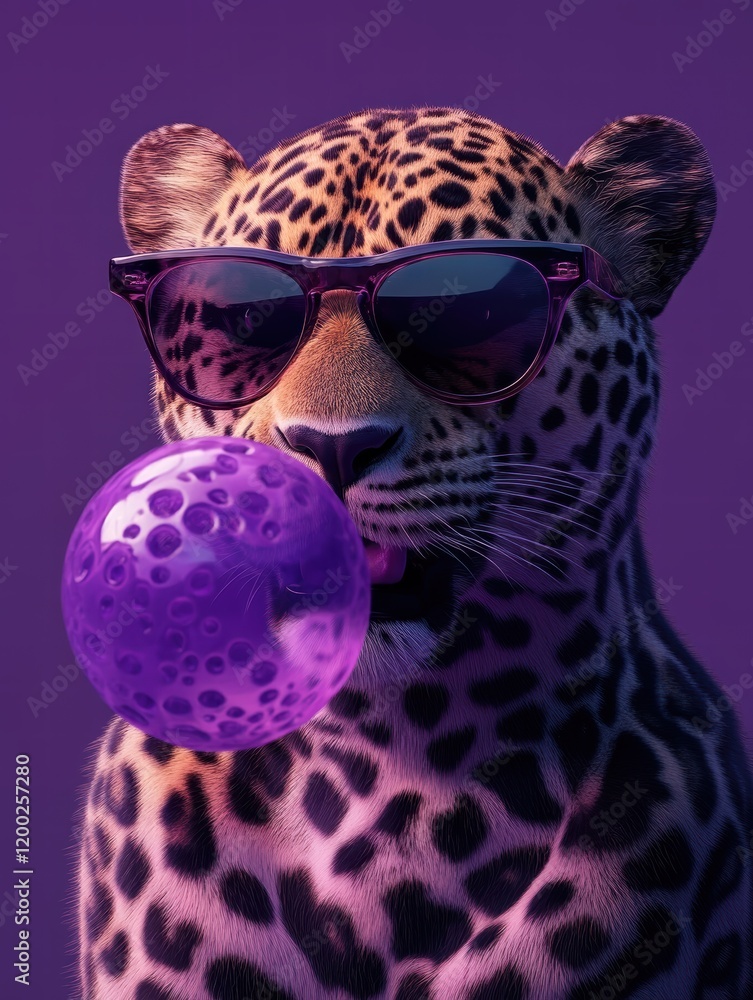 Naklejka premium Hyper-realistic oil painting depicting a leopard wearing pink sunglasses and blowing a bubble of purple gum