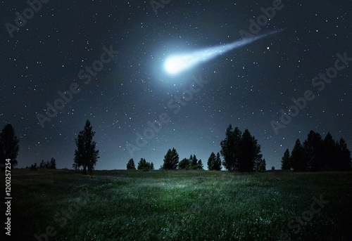 Fotografie Night scene with a comet, asteroid, meteorite flying to Earth