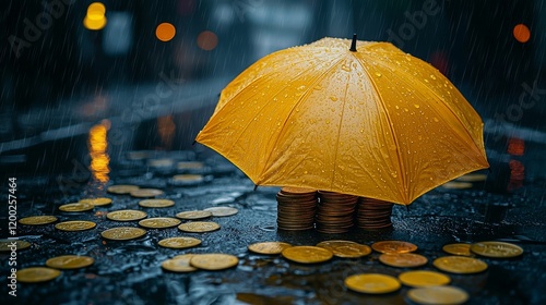 A yellow umbrella shields piles of coins from the rain, symbolizing protection of wealth