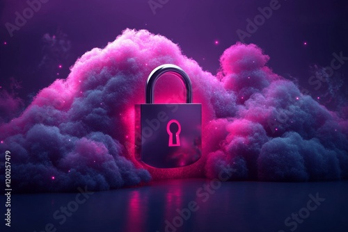 A secure server rack equipped with a padlock, cloud imagery, and a password system to ensure protection