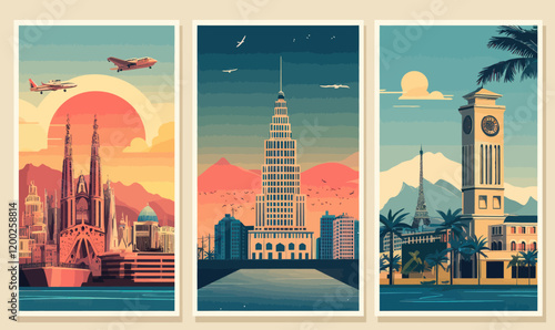 Retro Travel Destination Posters: Barcelona, New York, Kyoto in Minimalist Vector Art