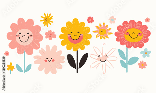 Smiling Flowers Flat Minimalist Vector Illustration for Spring and Happiness Themes