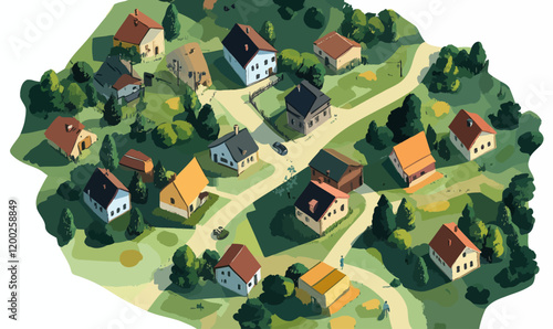 Minimalist Aerial View of Quaint Village in Flat Vector Style Illustration