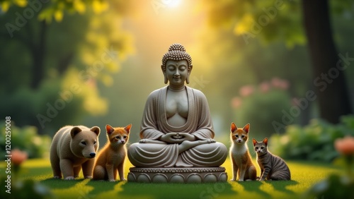 Buddha peacefully resting among animals in a vibrant garden, reflecting unity and universal compassion. photo